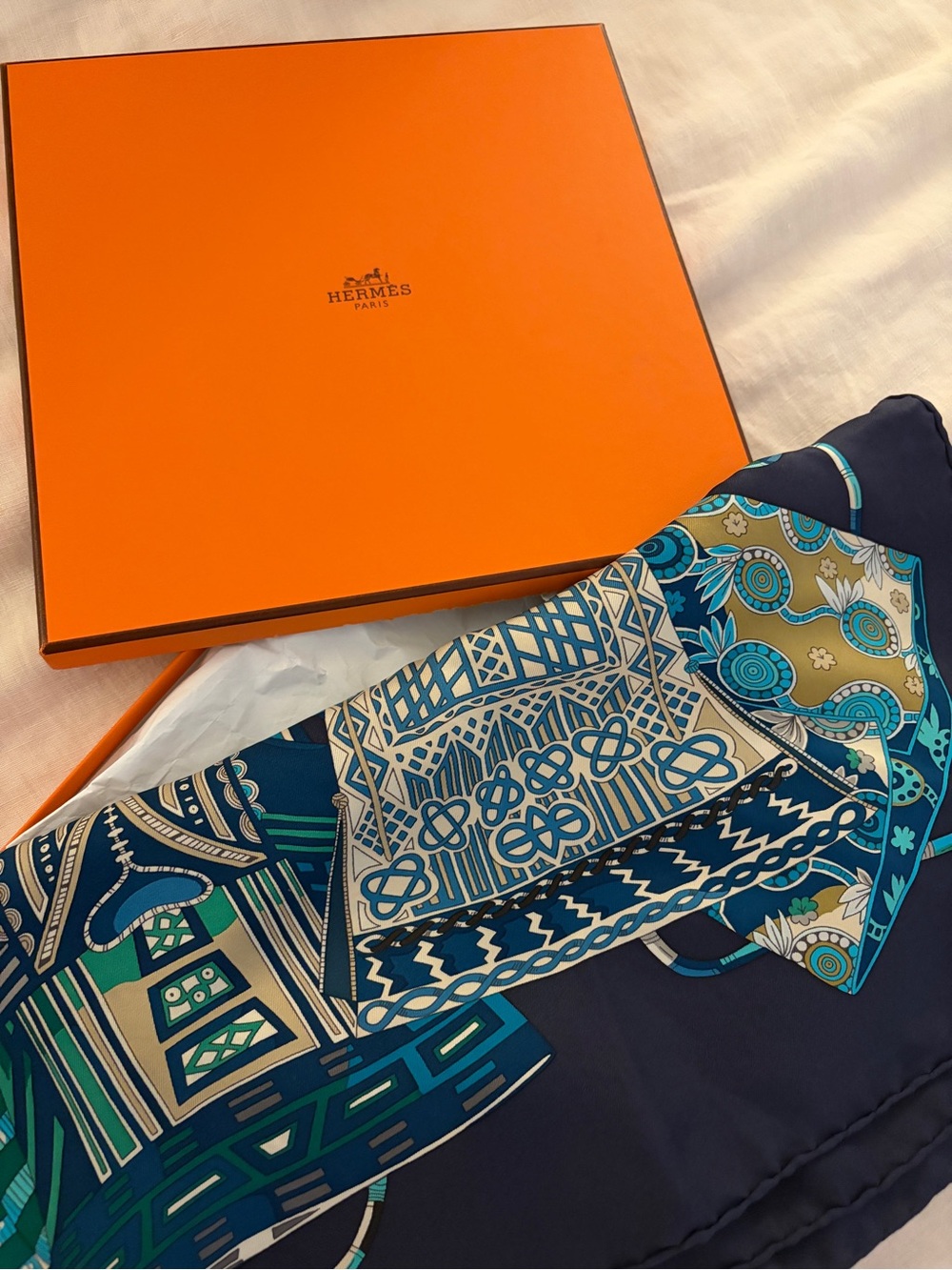Hermès Voyage en Etouffe Silk Scarf with box.